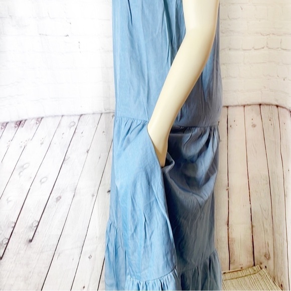 New- Lumiere Tiered, Strappy, Relaxed Fit, Chambray, Pockets, Blue Maxi Dress LG - Picture 10 of 14